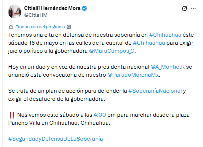 Citlalli Hernández respalda a Ariadna Montiel por marcha contra Maru Campos