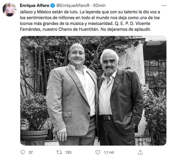 Tuit de condolencias por muerte de Vicente Fernández