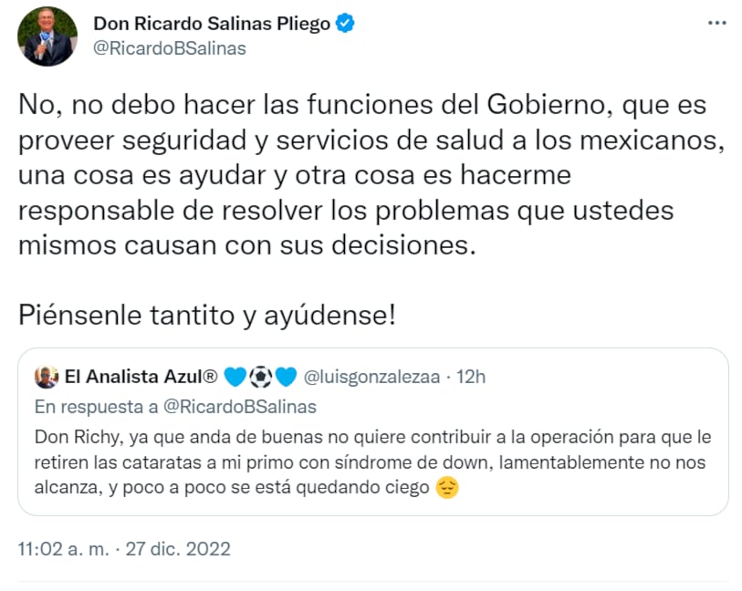 Ricardo Salinas Pliego aclara que no es el gobierno de AMLO para que le estén pidiendo ayuda