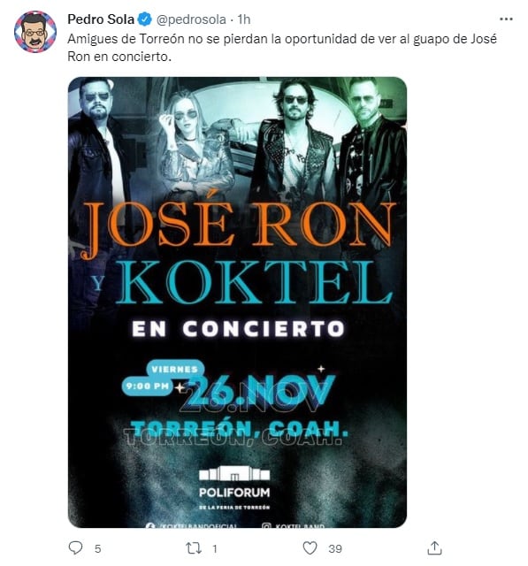 Pedro Sola invita a sus seguidores al concierto del "guapo" de José Ron