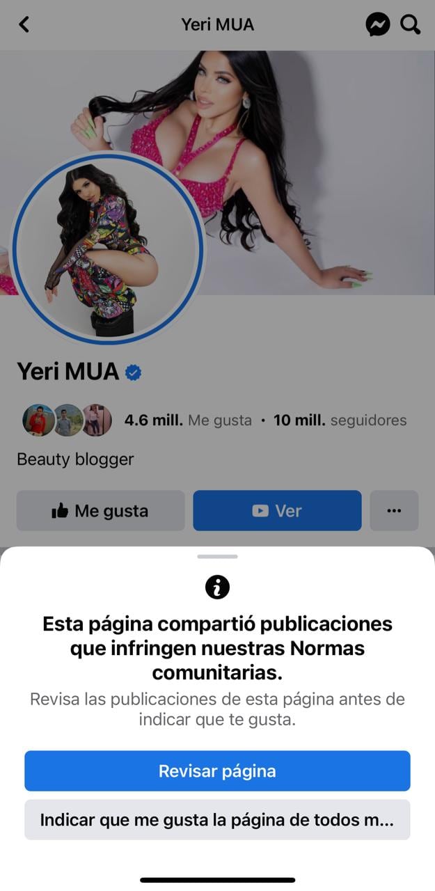 Facebook lanza advertencia de contenido inapropiado en página de Yeri Mua