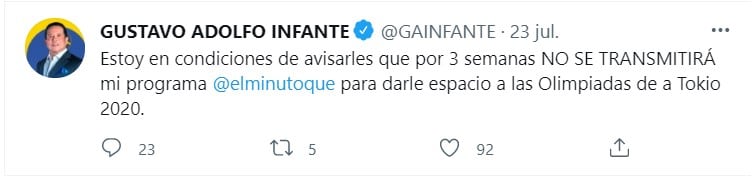 Tuit de Gustavo Adolfo Infante