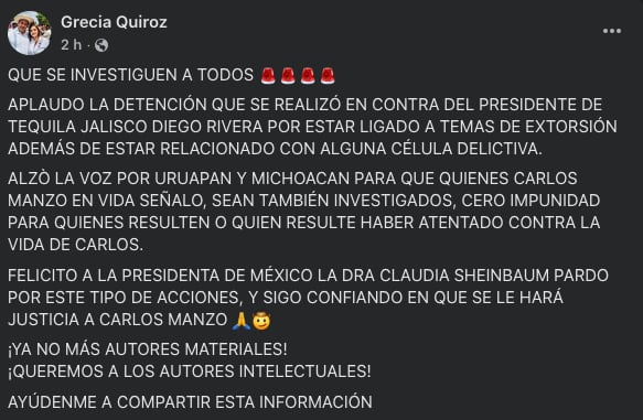 Mensaje de Grecia Quiroz sobre arresto del alcalde Tequila