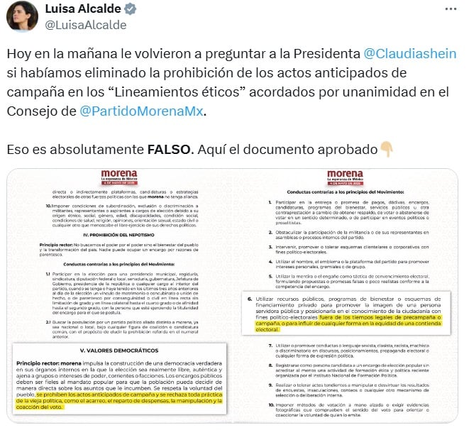Luisa Alcalde sepultó rumores: Morena no eliminó prohibición importante en sus estatutos