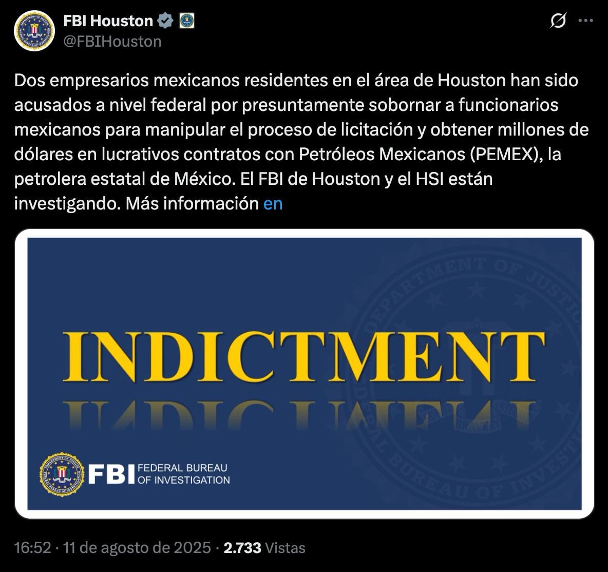 FBI investigará sobre presunto sobornos a Pemex