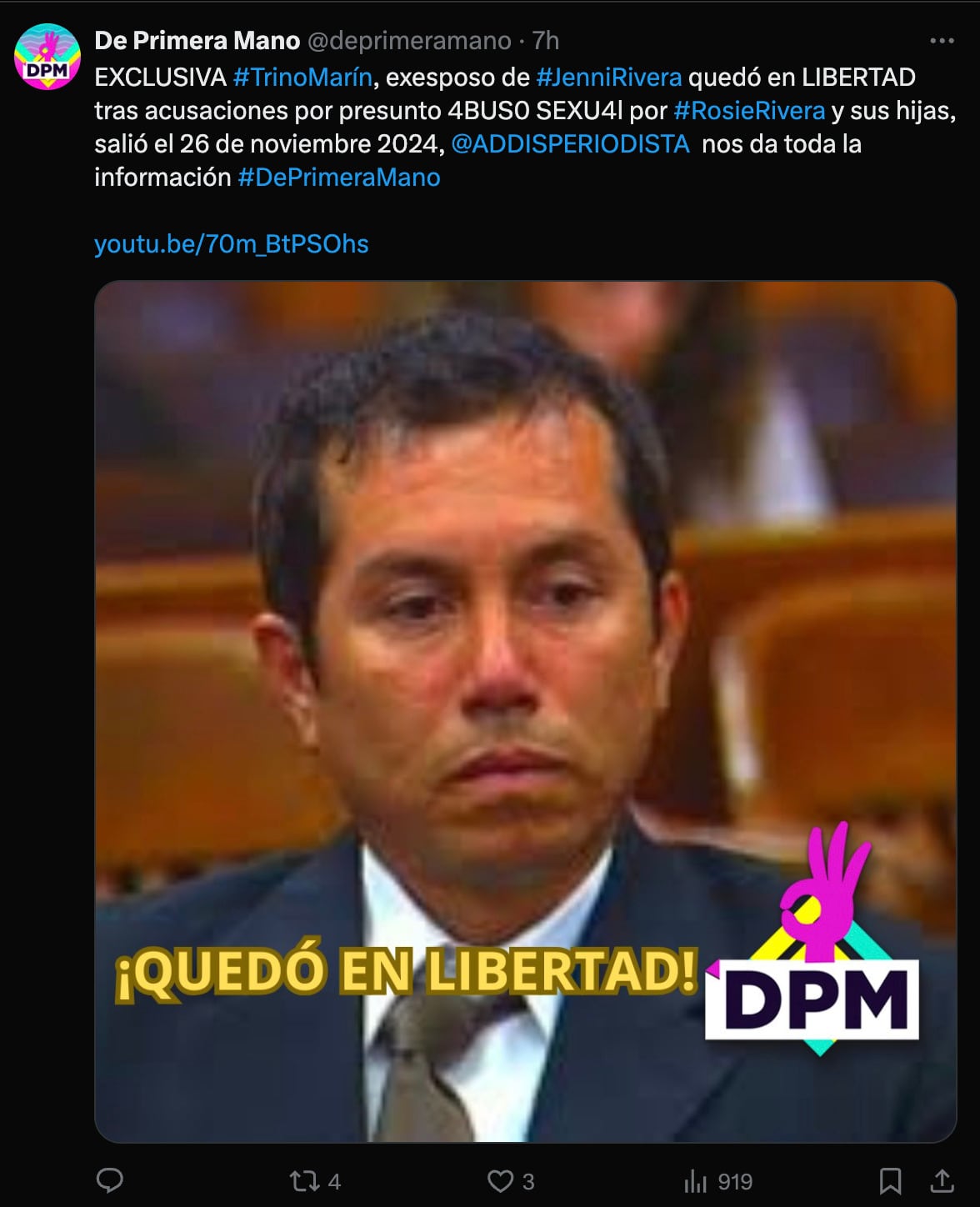 Trino Marín fue liberado tras pasar 18 años en prisión por abusar de las hijas y hermana de Jenni Rivera