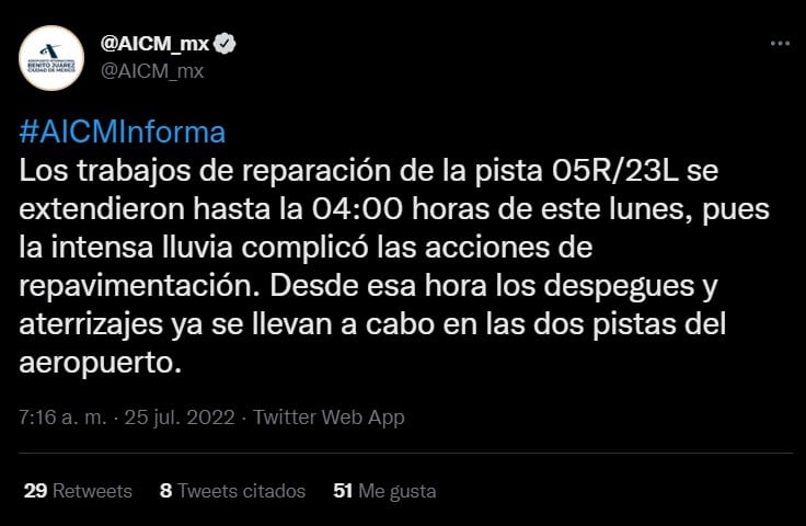 Pista del AICM vuelve a la normalidad