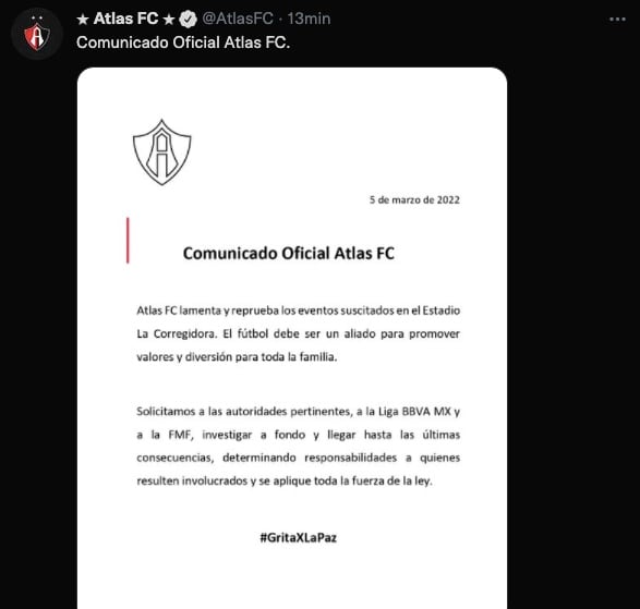 Atlas FC lanzó comunicado tras los actos violentos en su duelo vs Querétaro FC