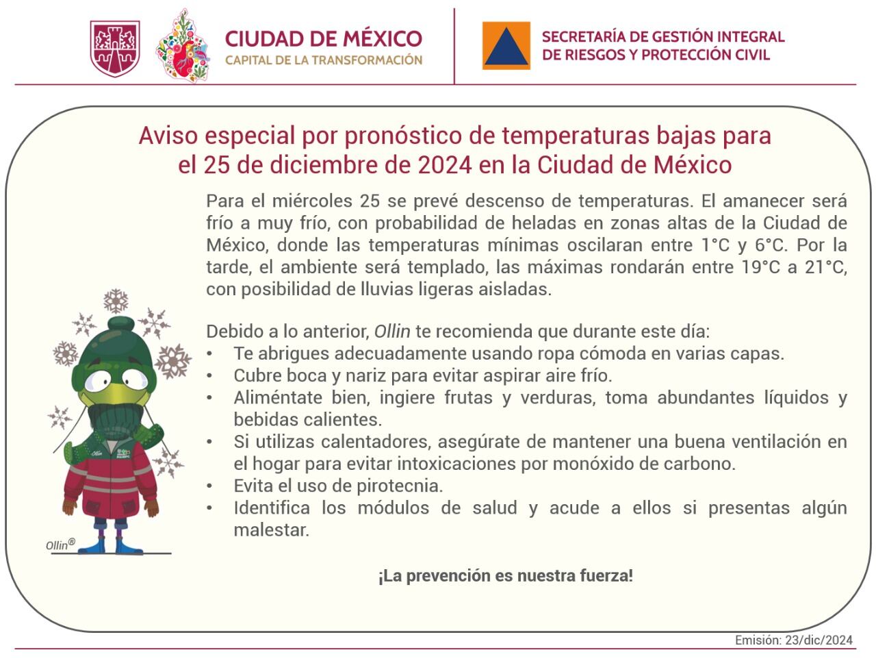 Comunicado sobre el clima del 25 de diciembre.