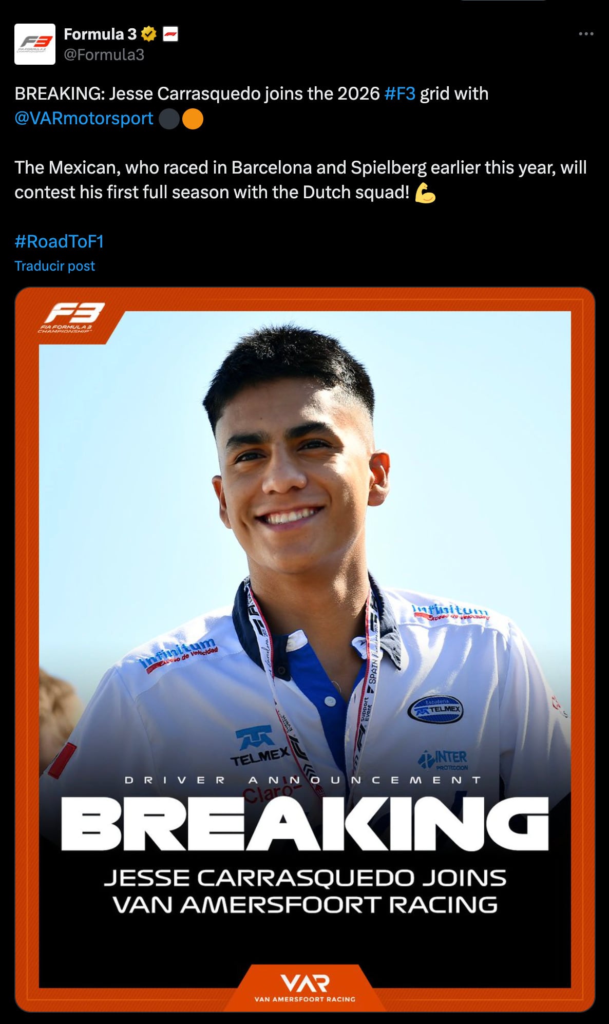 Jesse Carrasquedo será piloto de Van Amersfoort Racing