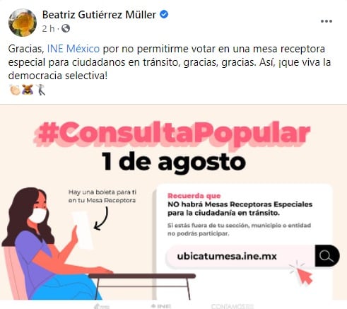 Beatriz Gutiérrez denuncia que no la dejaron votar
