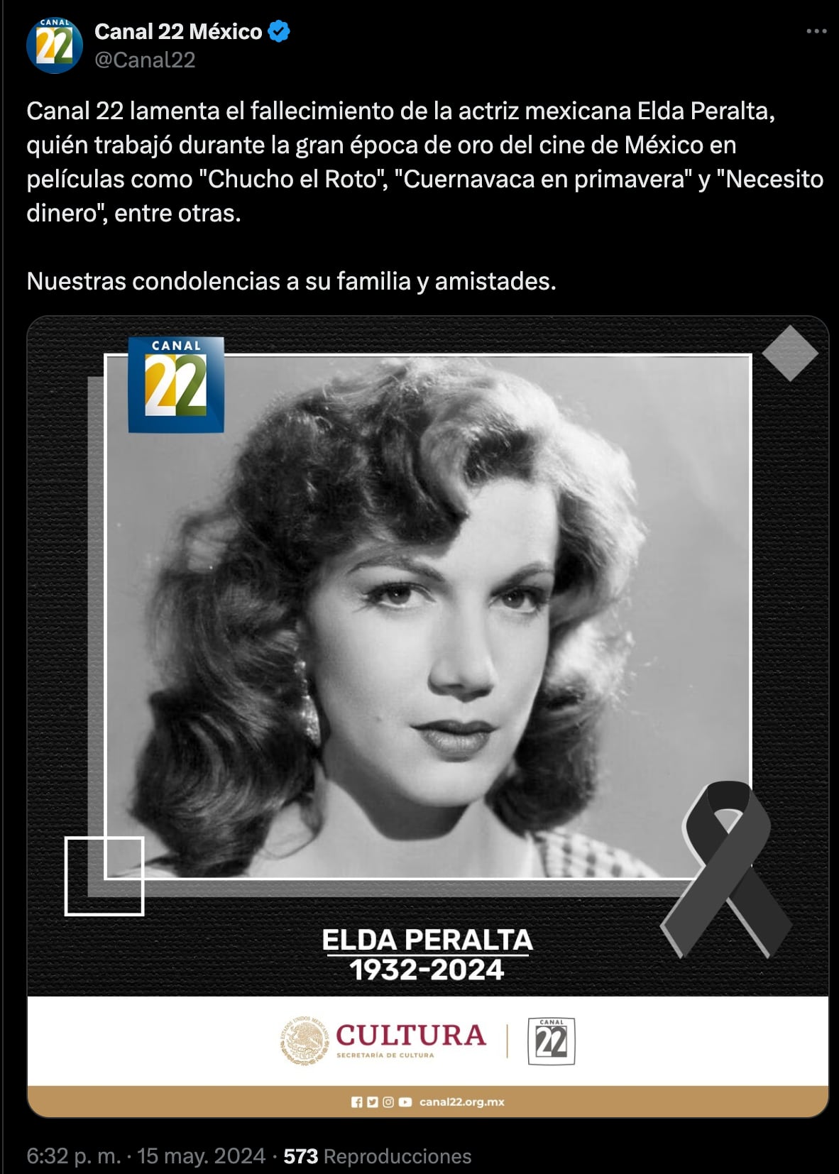 Elda Peralta, actriz del cine de oro mexicano, murió a los 91 años de edad