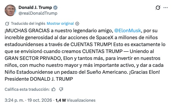 Trump agradece a Elon Musk por promesa de regalar acciones de SpaceX
