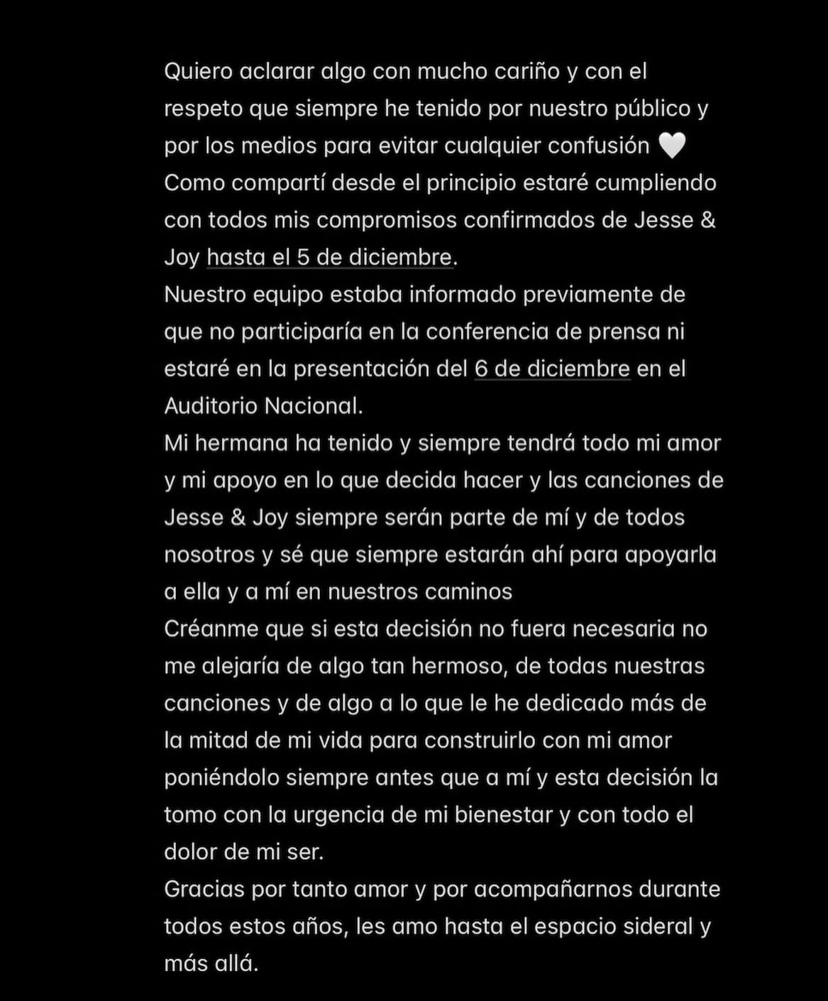 Comunicado de Jesse sobre su separación de Jesse y Joy, y los conciertos programados.