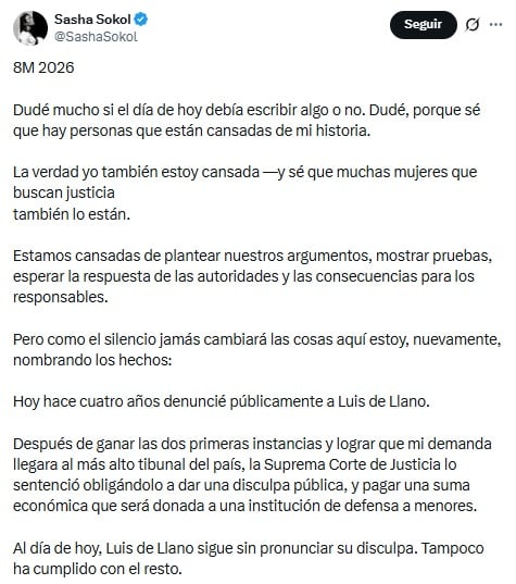 Sasha Sokol denuncia que Luis de Llano no ha cumplido con su sentencia.