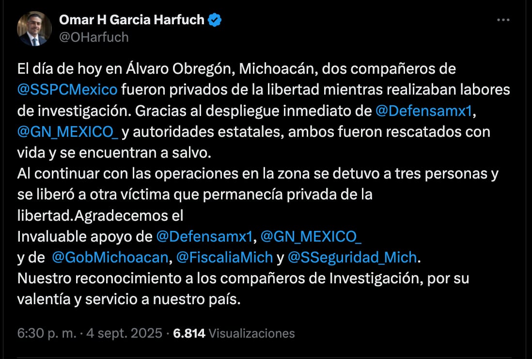 Dos policías federales son rescatados en Michoacán: Omar García Harfuch da detalles