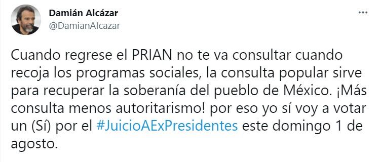 Publicación de Damián Alcázar en Twitter