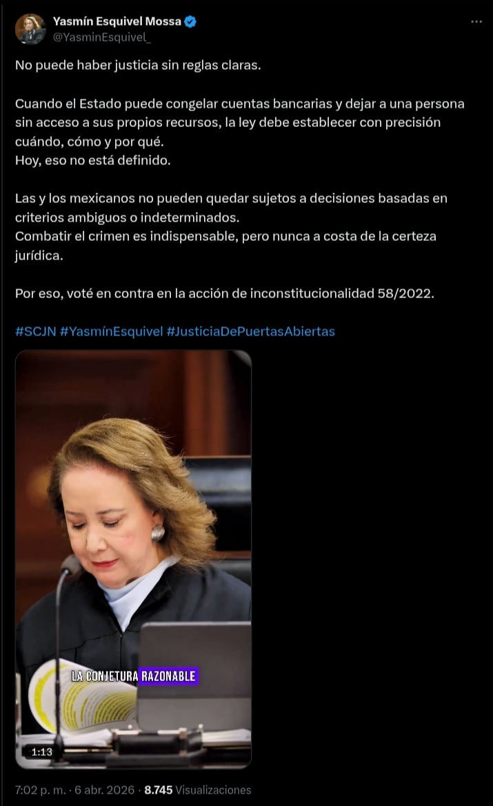 Yasmín Esquivel rechaza bloqueo de UIF que impactaría cuentas de Salinas Pliego