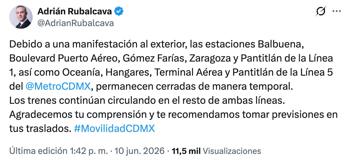 Metro CDMX anuncia cierre de estaciones por operativo AICM