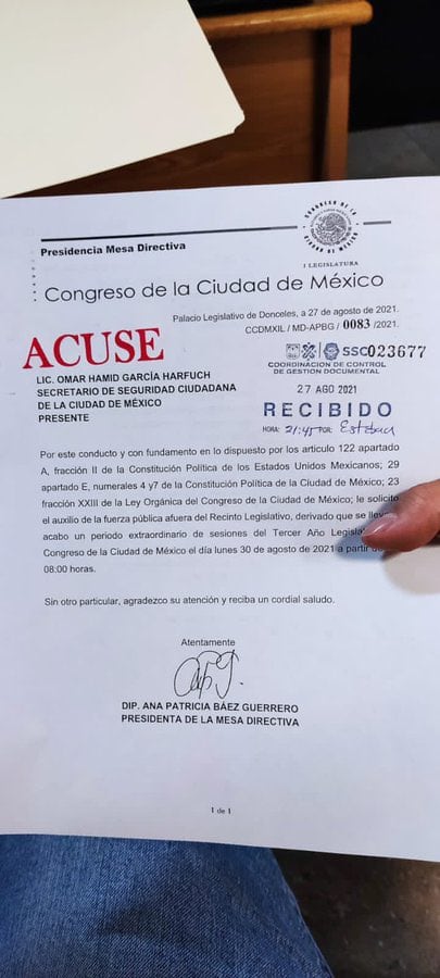 Solicitud de presencia de la fuerza pública en el Congreso de la CDMX