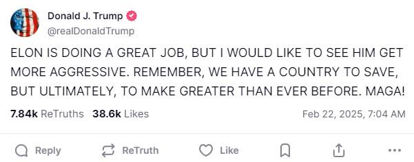 Elon Musk hace buen trabajo: Donald Trump