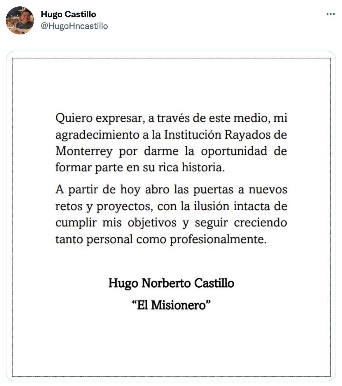 Comunicado de Hugo "El Misionero" Castillo