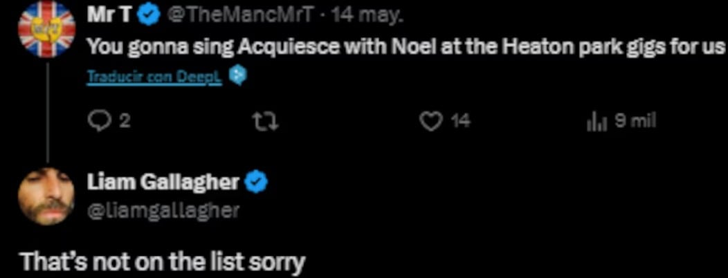 Liam Ghallager confirma que Acquiesce no estará en el Tour 2025 de Oasis