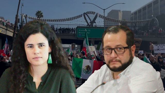 Luisa Alcalde y José Ramón López Beltrán al frente; al fondo, protestas en Los Ángeles por redadas de ICE