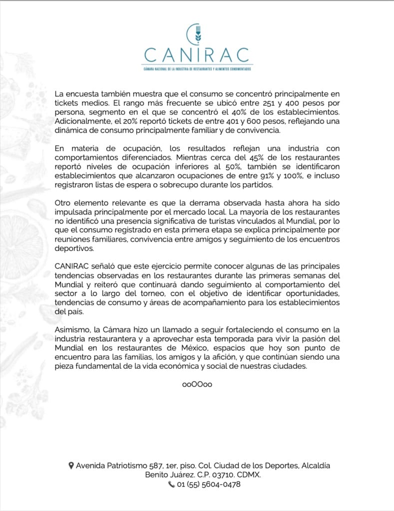 Comunicado de la Canirac sobre la venta en la inauguración del Mundial 2026.