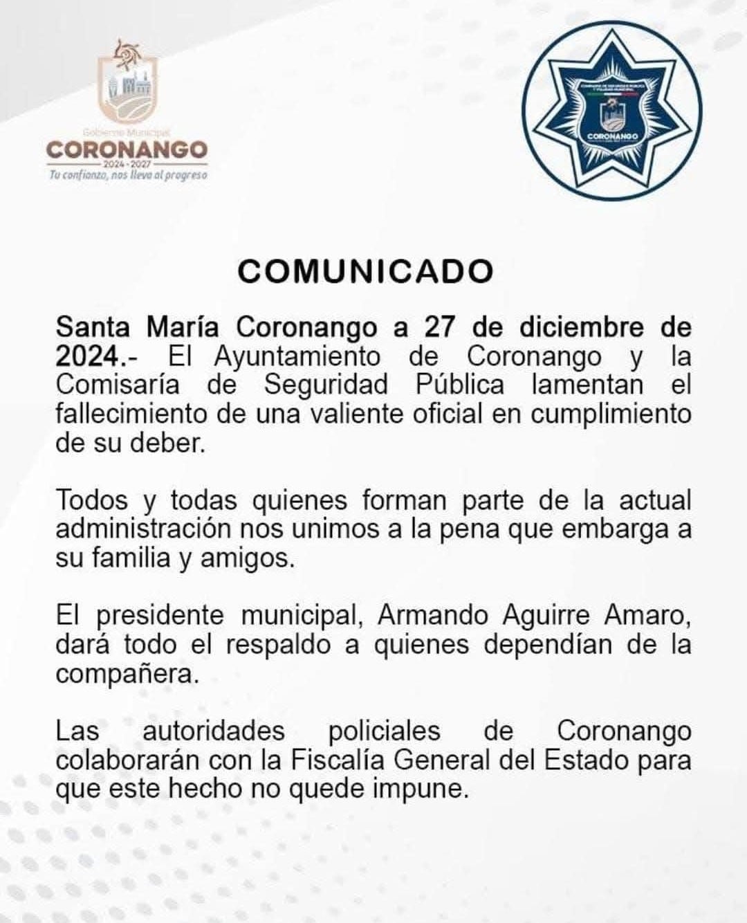 Comunicado del ayuntamiento de Coronanngo tras muerte de mujer policía