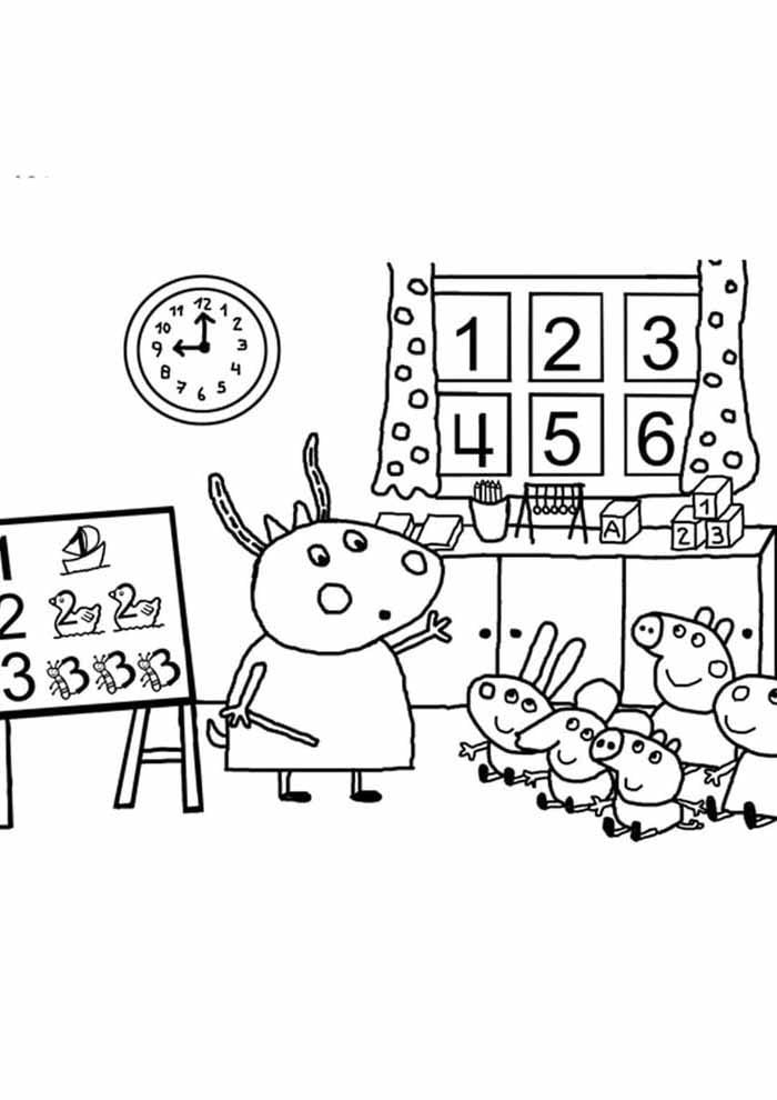 Dibujos de Peppa Pig y Señora Gacela en la escuela para colorear por el Día del Maestro