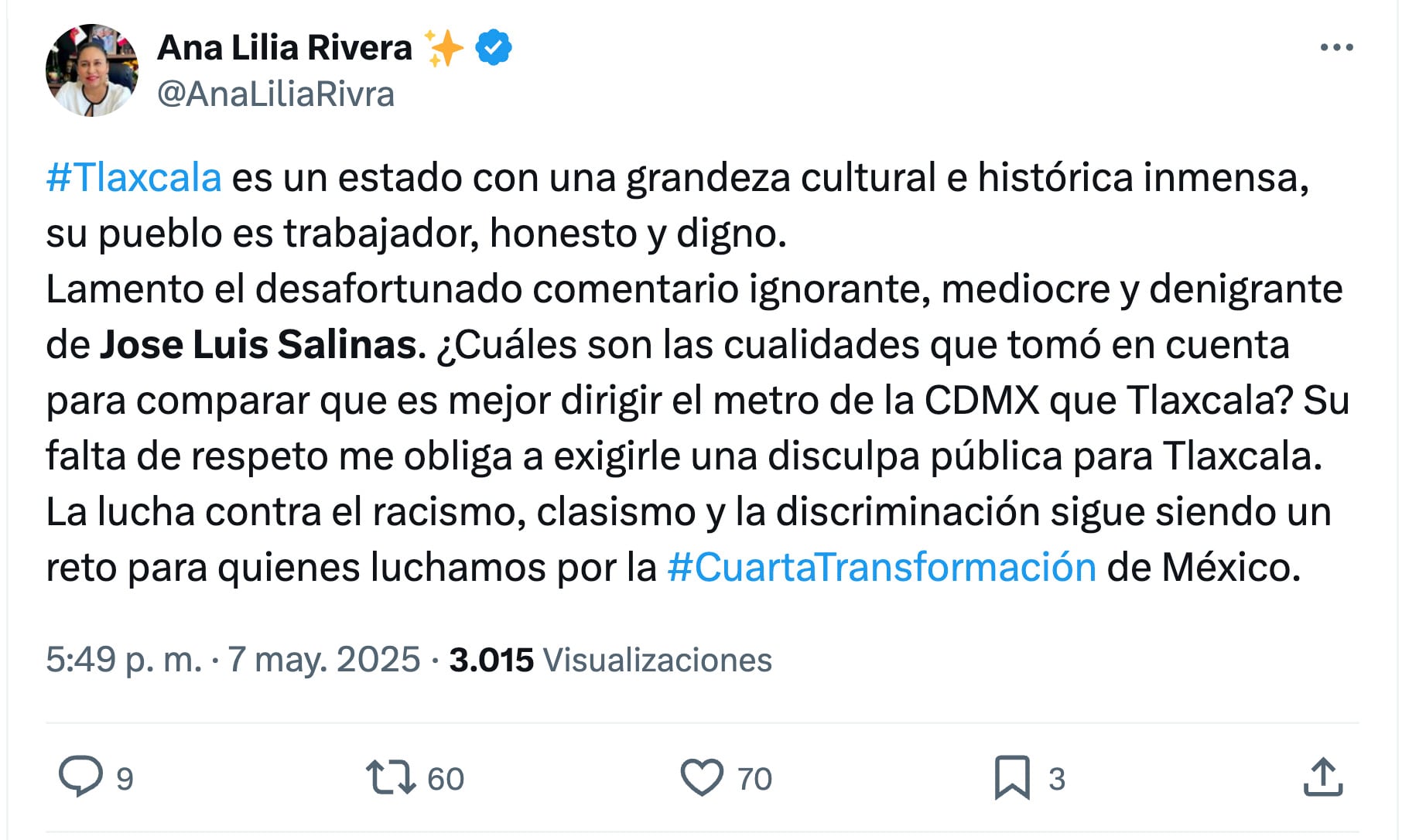 Tlaxcala se pronuncia por burlas de José Luis Salinas