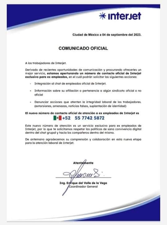 Comunicado oficial de Interjet