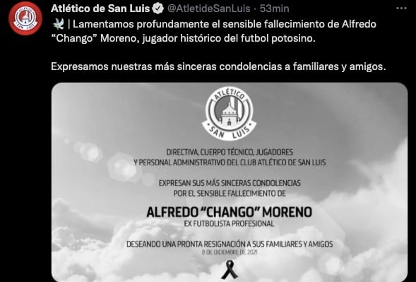 San Luis lamentó la muerte de Alfredo Moreno