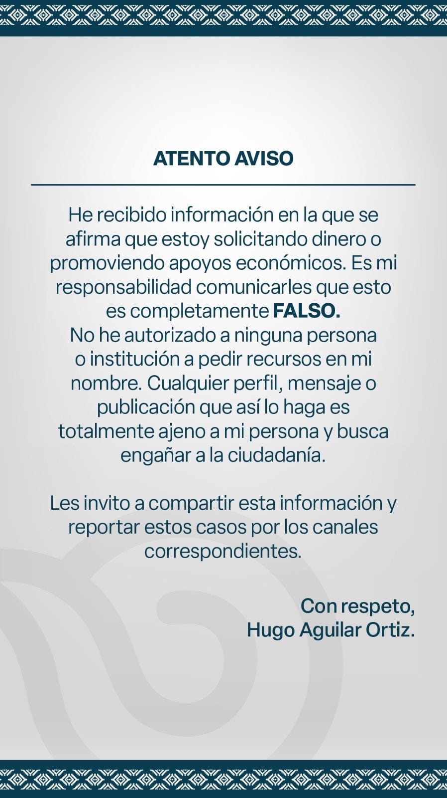 Hugo Aguilar Ortiz denuncia cuenta falsa que pide dinero a su nombre