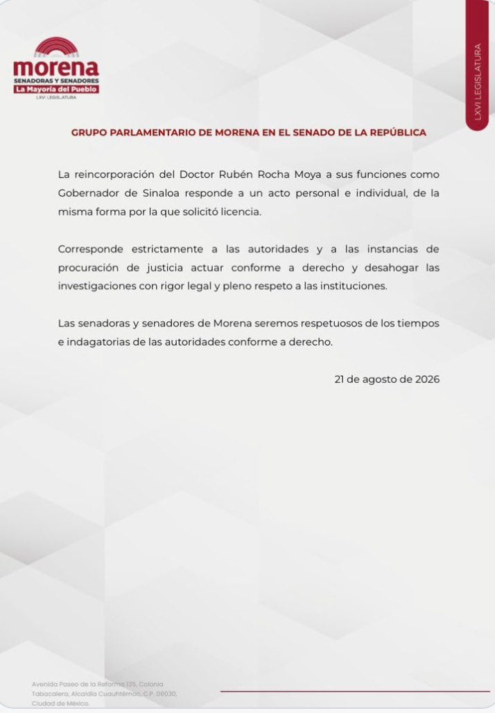 Senadores de Morena fijan postura sobre regreso de Rocha Moya tras licencia