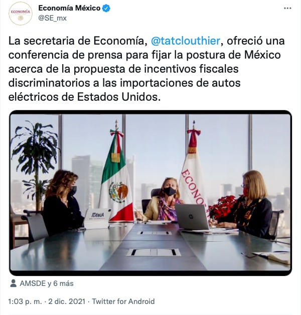 Tatiana Clouthier defiende sector automotriz mexicano/ @SE_mx