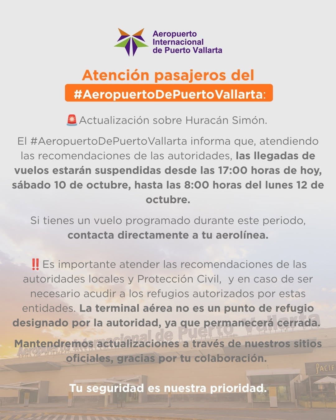 Aeropuerto de Puerto Vallarta suspende vuelos por el huracán Simón