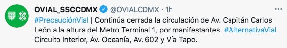 Tuit del Centro de Orientación Vial de la SSC de CDMX