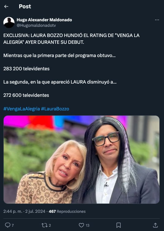 Laura Bozzo no gustó en Venga la Alegría
