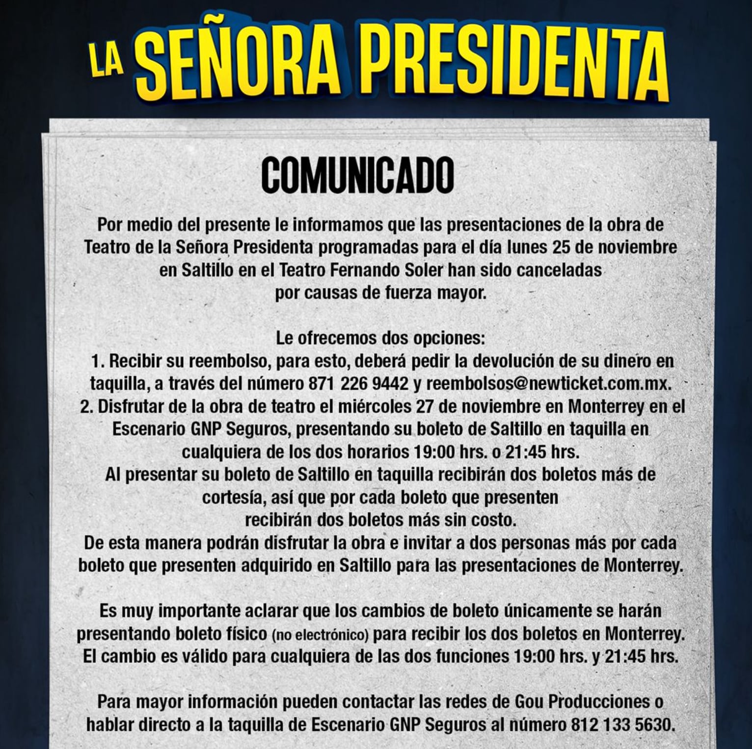 La Señora Presidenta cancela presentación en Saltillo