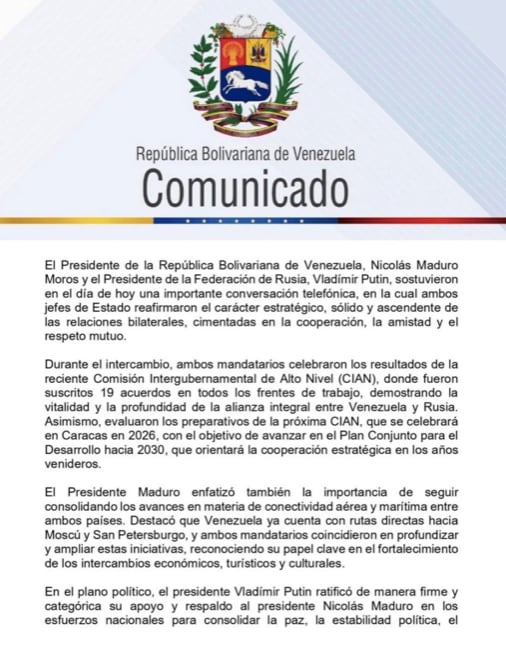 Vladimir Putin y Nicolás Maduro sostienen llamada telefónica
