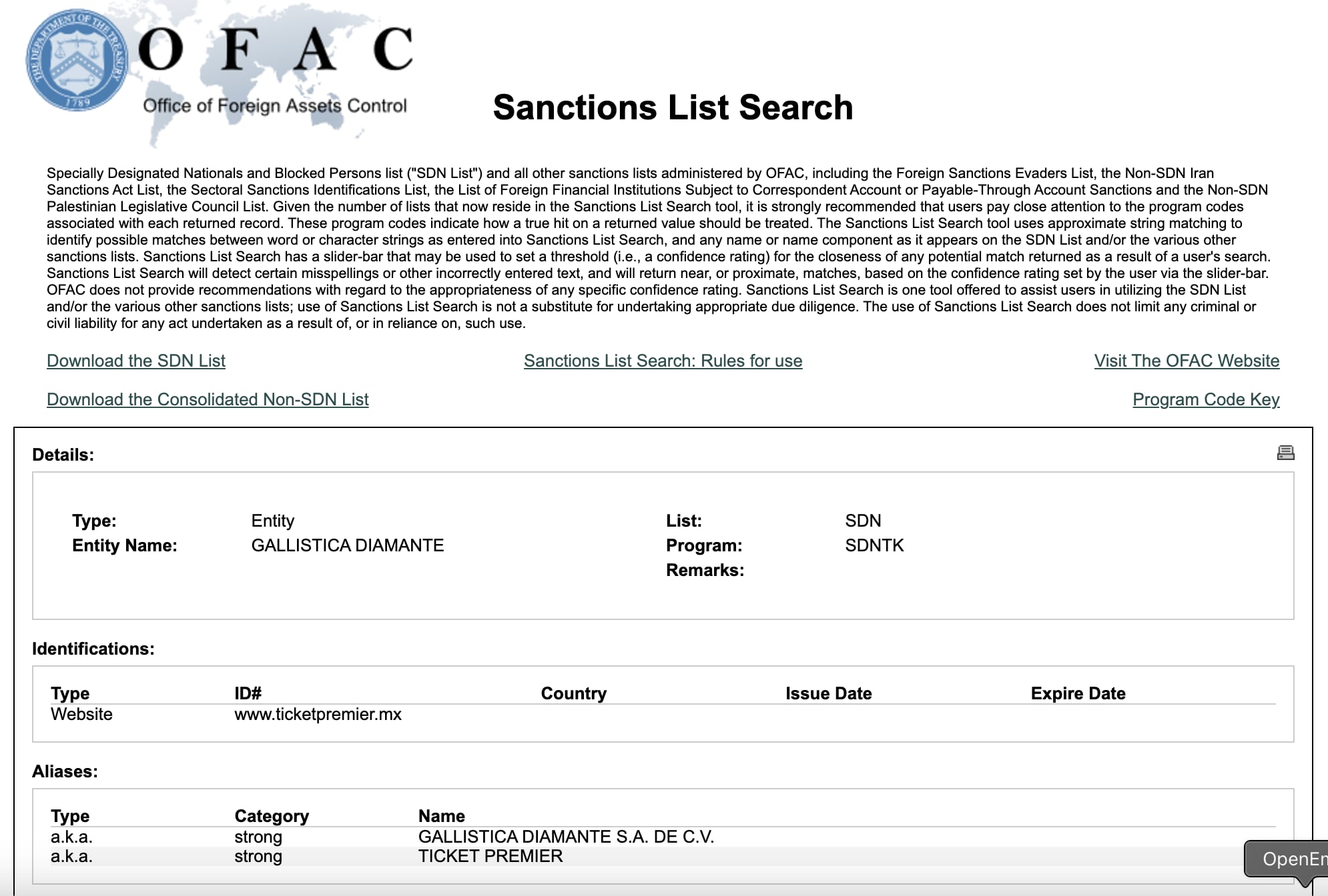 Gallística Diamante sigue en lista negra de la OFAC