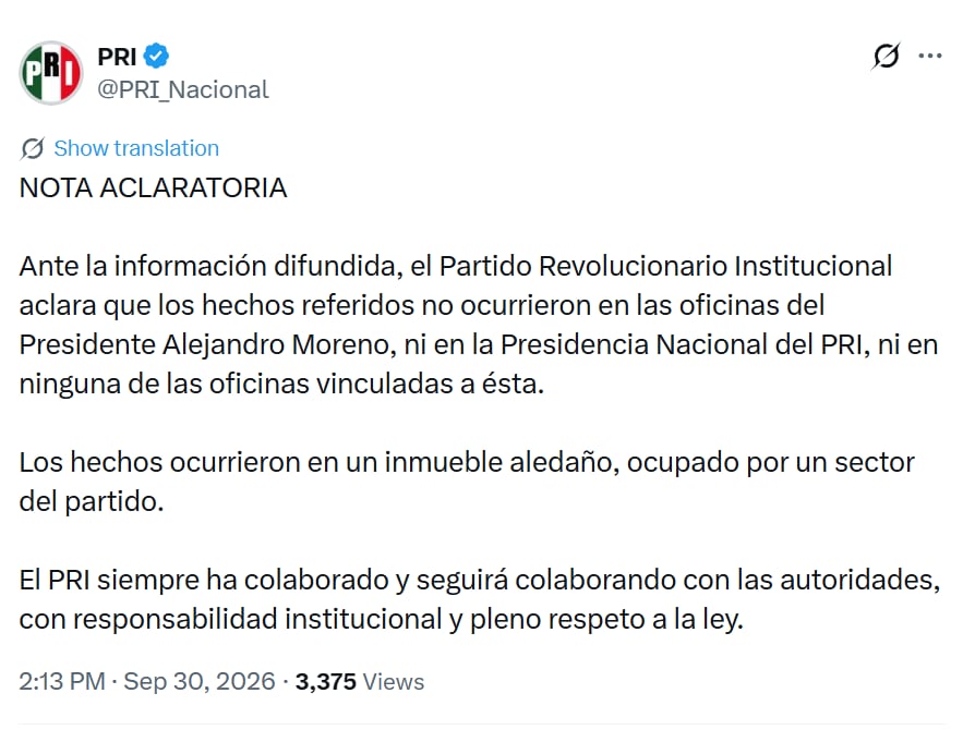 PRI aclara que dinero robado no estaba en la oficina de Alejandro Moreno