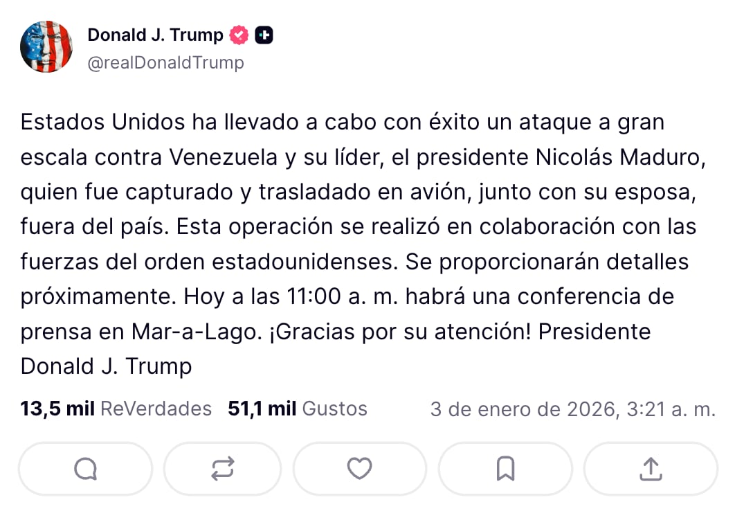 Donald Trump asegura que se logró la captura de Nicolás Maduro