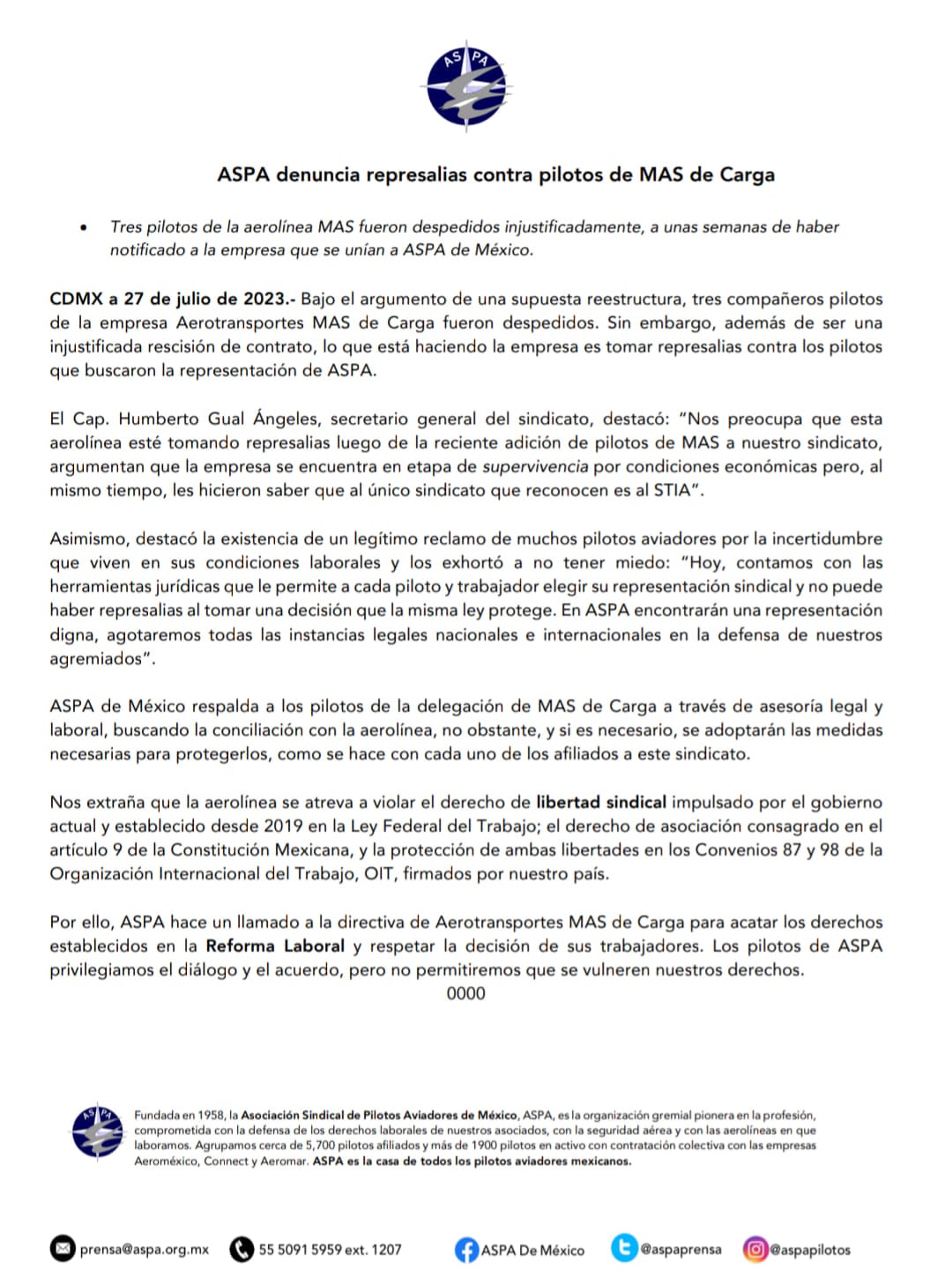 Comunicado de ASPA por despido injustificado a 3 pilotos de MasAir
