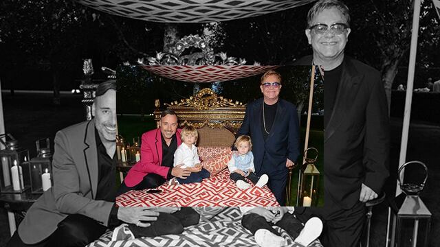 Elton John en compañía de su esposo David Furnish y sus hijos Zachary y Elijah