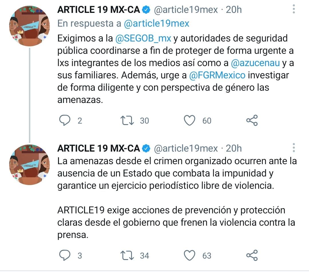 Pronunciamiento de Artículo 19 sobre amenazas del CJNG