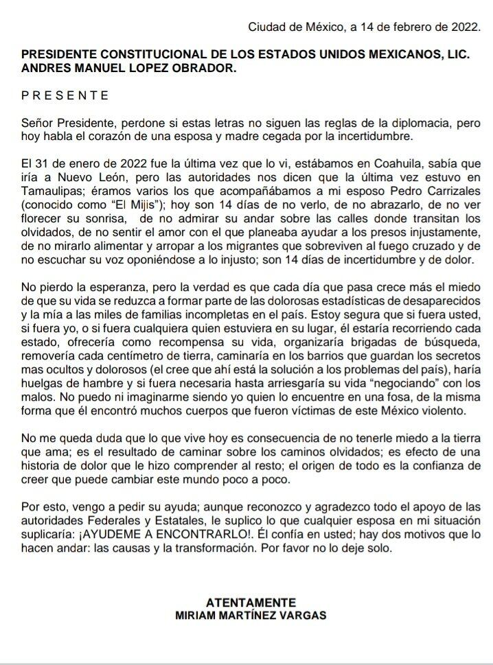 Carta de Miriam Martínez Vargas, esposa de  Pedro Carrizales