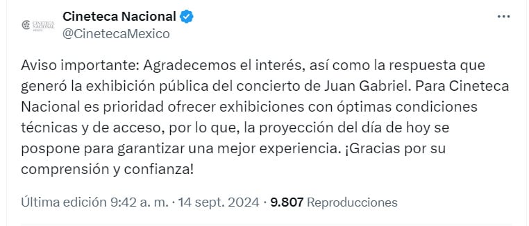 Anuncio de la Cineteca Nacional sobre proyección del concierto de Juan Gabriel
